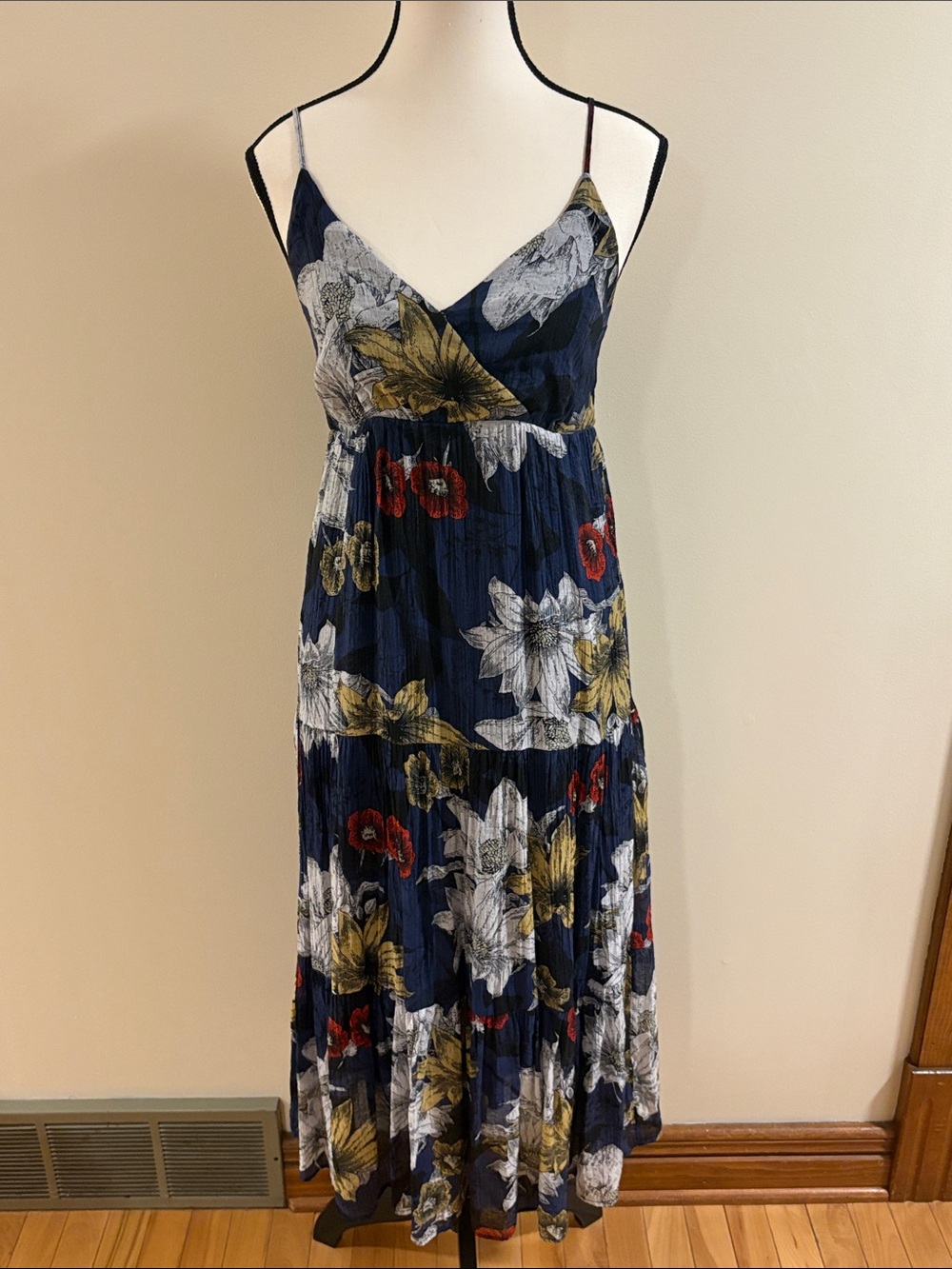Navy Floral Midi Dress with Spaghetti Straps